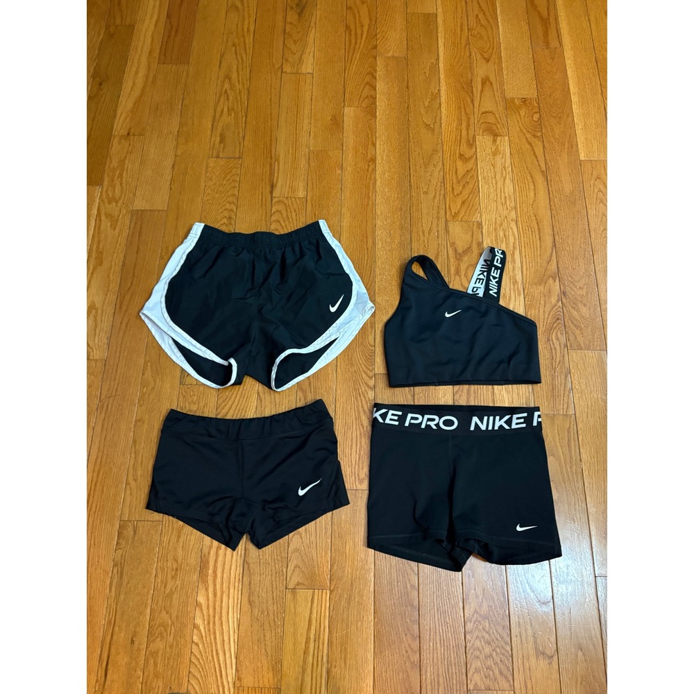 Nike Pro Dri-FIT 4pc Bundle One Shoulder Bra Tempo Shorts Spandex Black White M